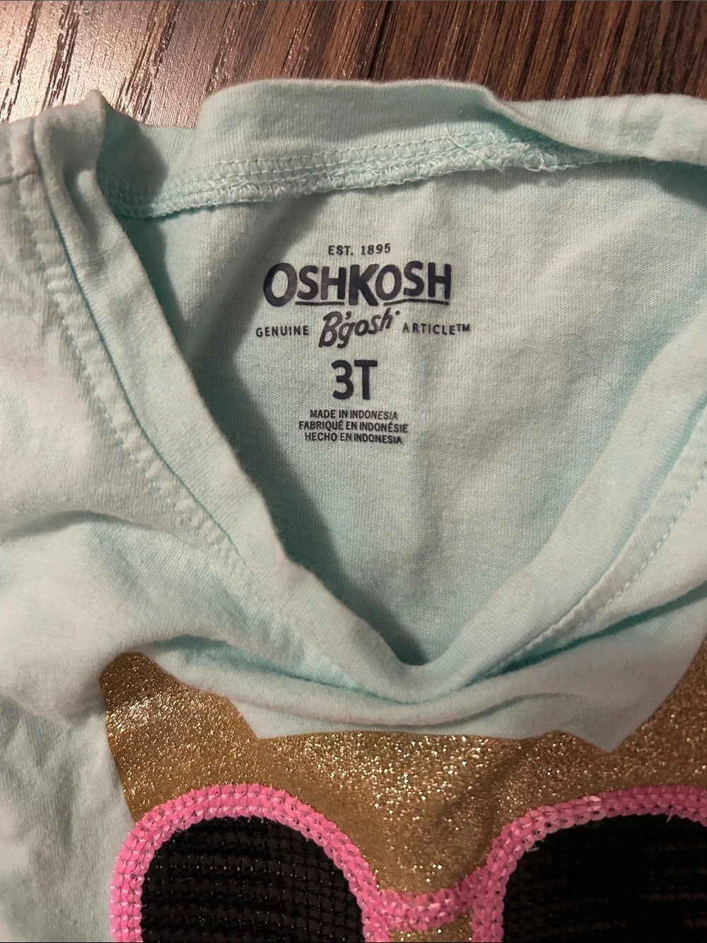 OshKosh B'gosh Light Blue Tee with Gold Sparkle Cat and Pink Sequin Sunglasses